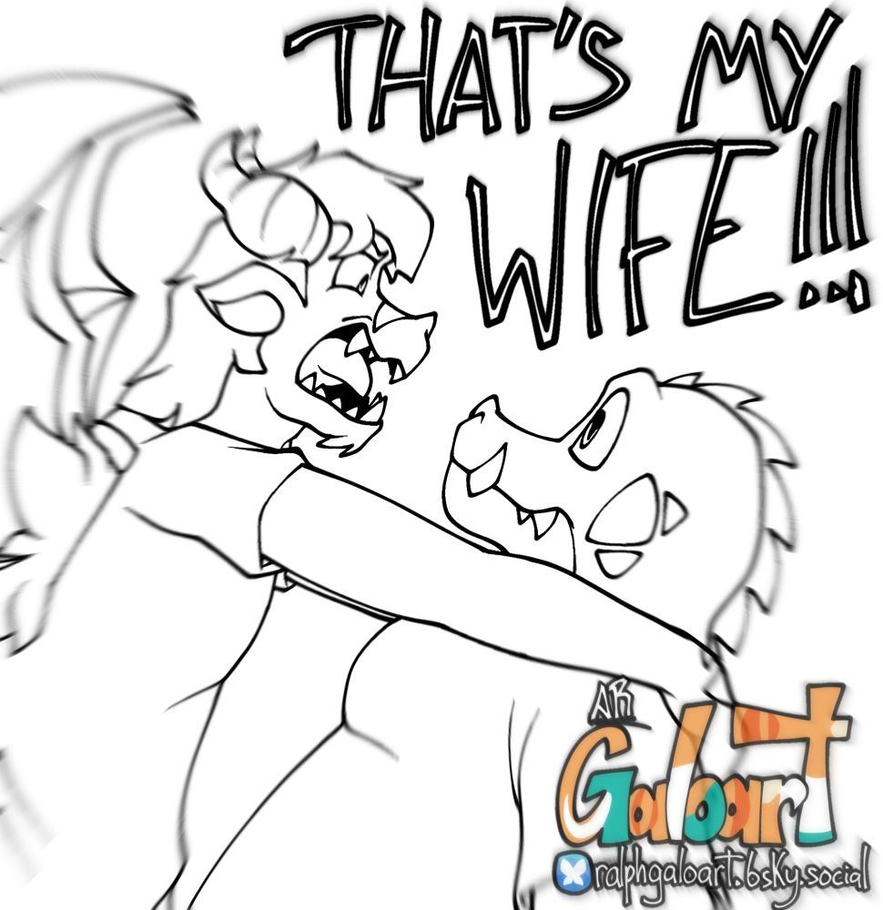 Digital illustration in black and white of Raphael grabbing Choco in the shoulders and yell "THAT'S MY WIFE!!!" with a HEAVY blur for dramatic effect.

 Art by AR Galoart on Bluesky. Do not repost, steal, and overly, DON'T FEED IT TO GET A.I. under ANY concept.