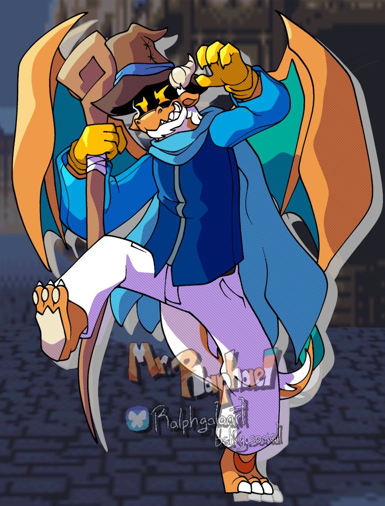 Digital illustration of an anthro, orange-scaled, winged dragon with ivory horns, aquamarine wings and a flipper on his tail, and white jaw, belly and fur. He wears a black wizard outfit, with a deep blue jacket with lighter blue sleeves, a cyan scarf, white pants, and a leather wizard hat. He holds a staff on his right hand while making a menacing (but still goofy) pose.

 The background is the battle scenery of Narshe in Final Fantasy VI.

 Art made by Mr. Raphael on Bluesky. Do not repost, steal, and ABSOLUTELY NOT feed to gen AI.