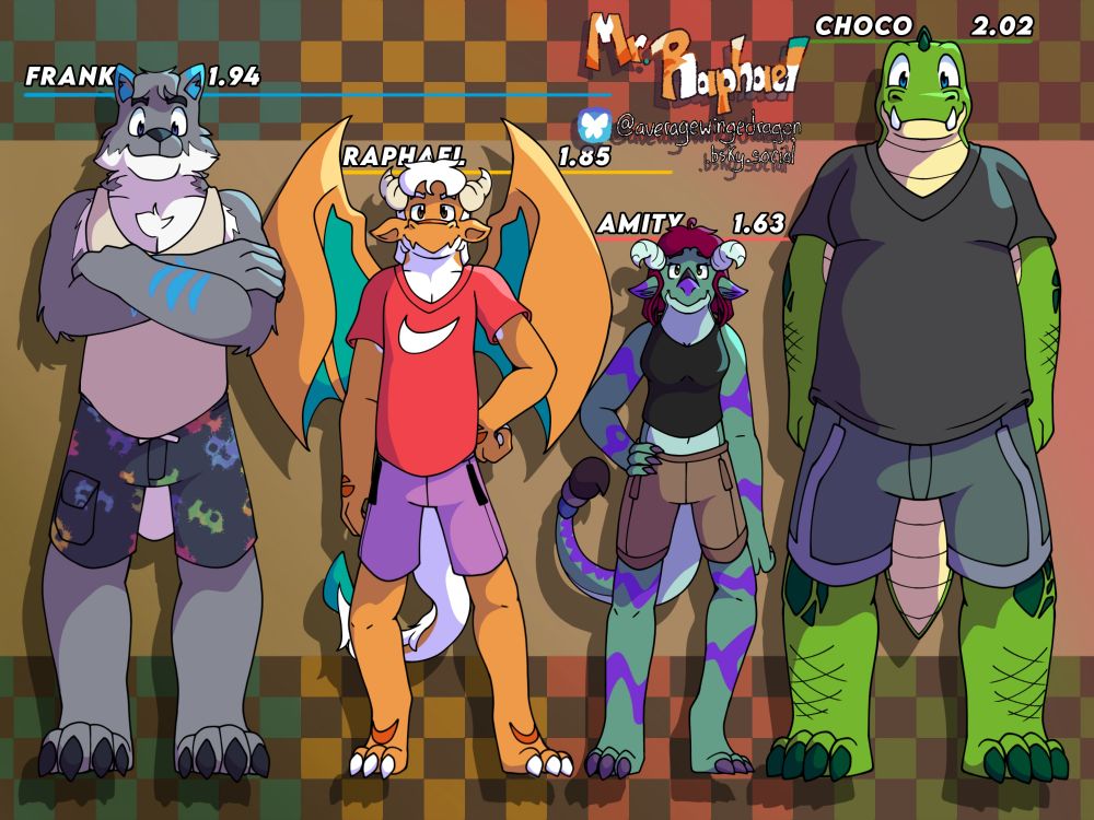 Illustration of a size comparision between an anthro, adult, gray-furried Wolf; an anthro, orange-scaled, winged Dragon with ivory horns, aquamarine wings, and white jaw and belly; an anthro, poisonus dragoness with an scorpion-like tail; and a chonky, green-scaled Crocodile.