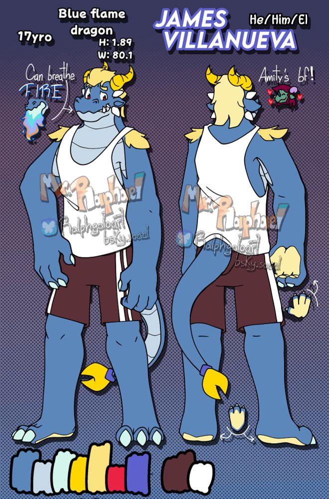 Reference sheet of an anthro, blue-scaled dragon with golden horns, yellow hair, and a golden scissor-shaped tip on his tail. He has ivory paw pads and shoulders, he has some white spikes on his face over and below his ears. He has a indigo mark on his back, plus, he can breathe blue fire.

 His name is James Villanueva, he's 17 yro, his height is 1.89mt., his weight is 80.1kg., his species is called "Blue flame dragon", and his pronouns are He/Him/Él.

 He's standing still in two poses, looking fowards and Backwards. In this version, he wears wine red shorts.