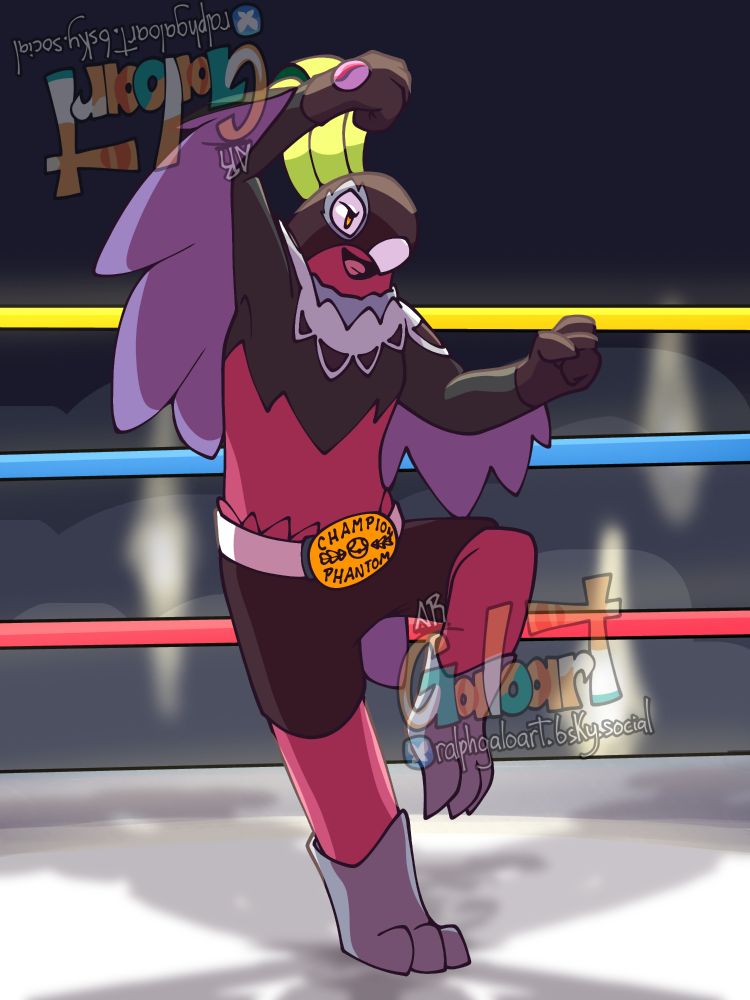 Digital illustration of a shiny Hawlucha that wears wrestling shorts with a champion belt and gloves with a mega-stone attached to the right one. He jumps victorious in the ring, with people in the back cheering him and taking photos.

 Art by AR Galoart on Bluesky. Do not repost, steal, and overly, DON'T FEED IT TO GET A.I. under ANY concept.