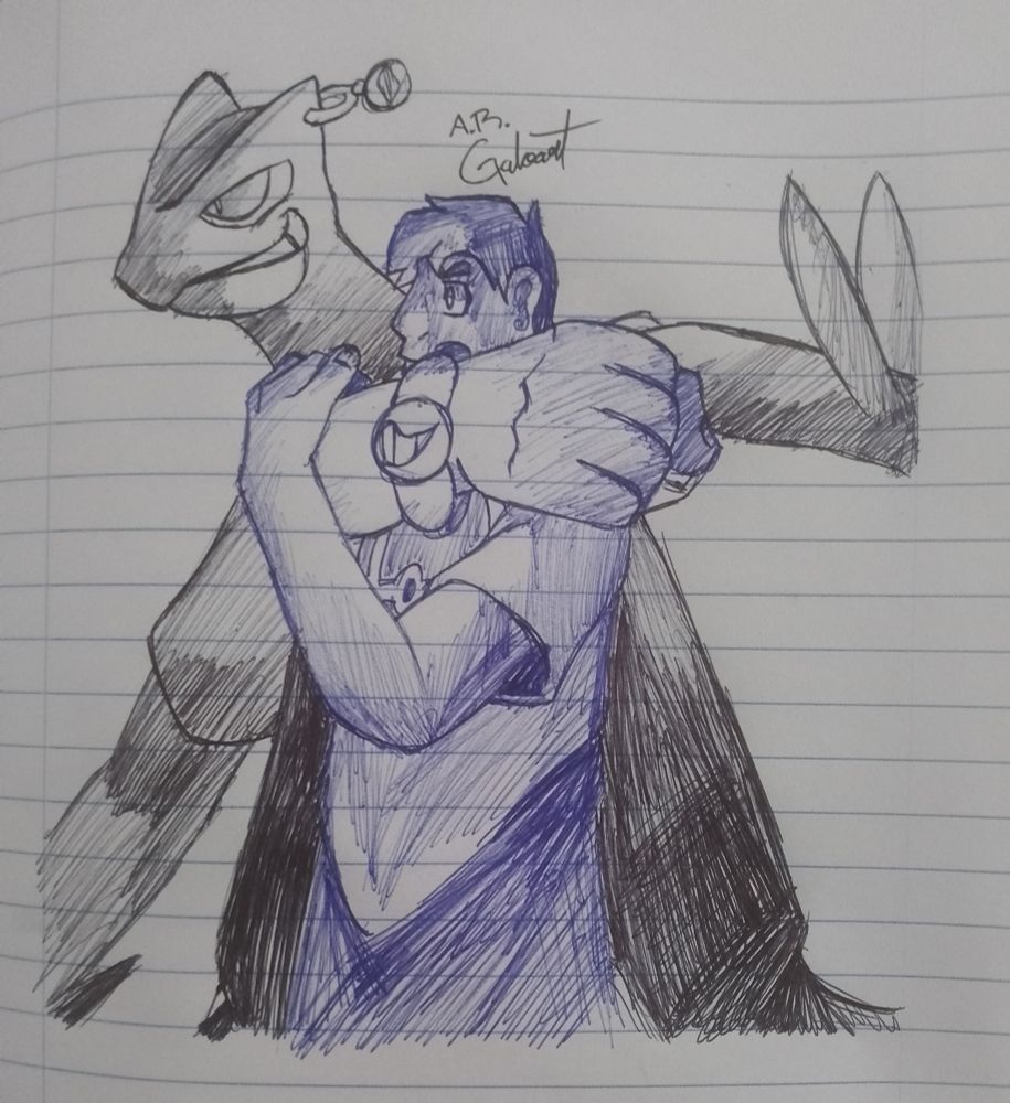 Traditional drawing of Alfredo, a late teenager trainer with pointed hair that wears a t-shirt and a bracelet with a key stone on it, he's drawn with a blue pen; and Rex, a Sceptile that wears a sleevless vest with a t-shirt below, and has a Sceptilite attached to the tip of his head, he's drawn with a black pen.

 Alfre is looking sideways, menacingly, while stretching his right arm to his left, putting his hand on perspective, making special emphasis on the key stone; Rex is on the back, also looking sideways, tilting fowards as he also looks menacing, but with a confident smile on his face.

 Art by AR Galoart on Bluesky. Do not repost, steal, and overly, DON'T FEED IT TO GET A.I. under ANY concept.