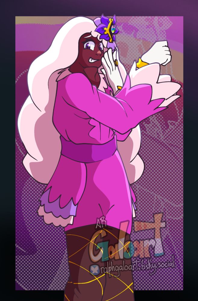 Digital illustration with saturated colors of Jacinthe, from Pokémon Legends ZA. Jacinthe looks playfully at the camera, hiding her grin with one hand.

 Art by AR Galoart on Bluesky. Do not repost, steal, and overly, DON'T FEED IT TO GET A.I. under ANY concept.