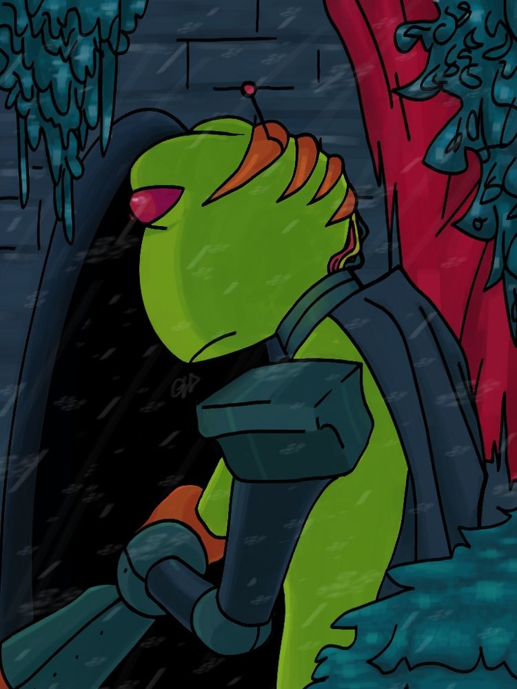 Garnet The Frog standing in a snowy fortress surrounded by vegetation.