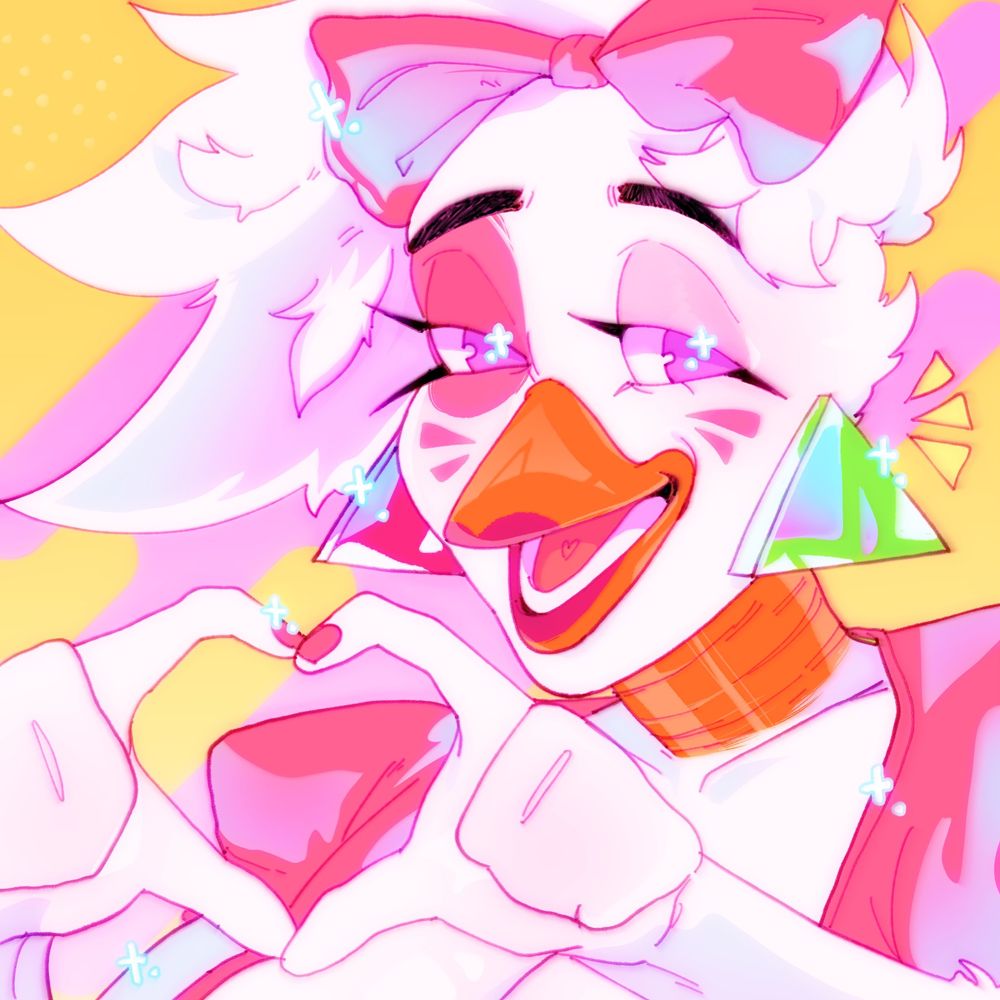 A icon of Chica the Chicken, in her glamrock ver, making a heart with her fingers and looking happy, with vibrant colors