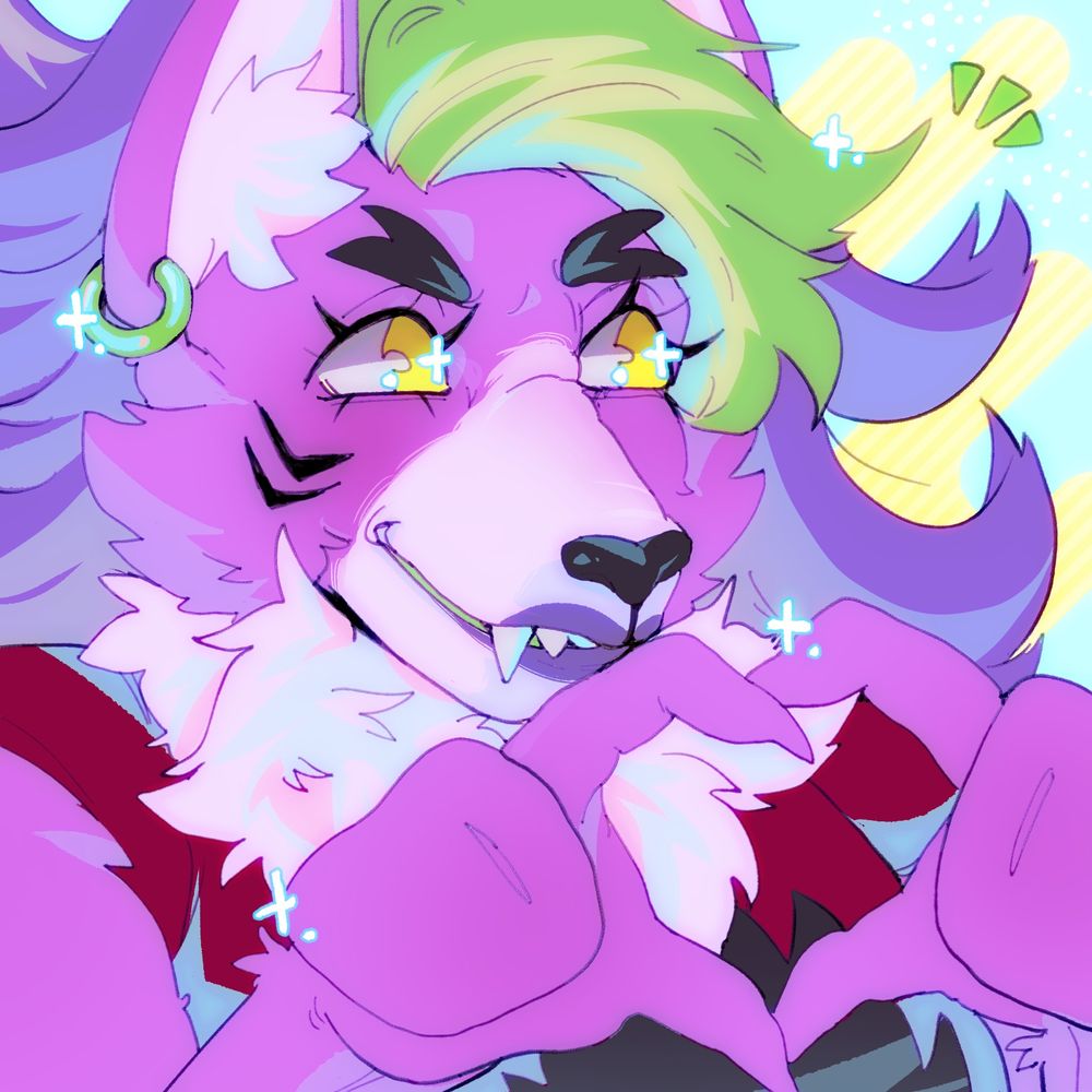 A icon of Roxanne wolf making a heart with her fingers, with vibrant colors and looking to the side to match with the other image on this post