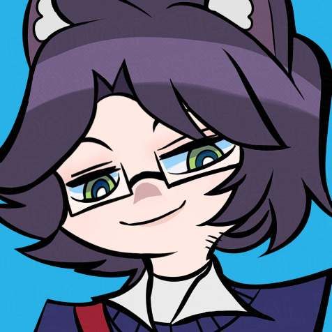 a smug looking catboy wearing a blue vest with glasses under a light blue colored background