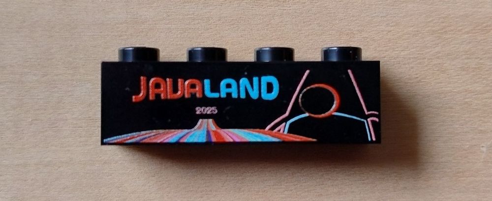 Bedruckter Legostein mit dem Logo der JavaLand.