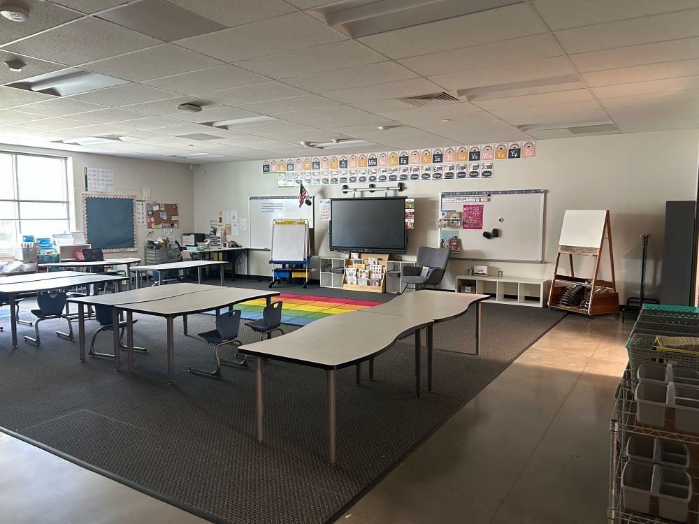 Photo of an almost ready for kids kinder classroom. 