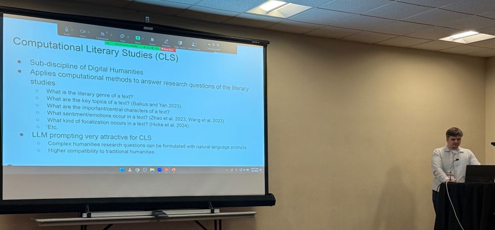 Janis Pagel introducing Computational Literary Studies to the workshop audience at SIGHUM NAACL2025. Slide with explanation of CLS.