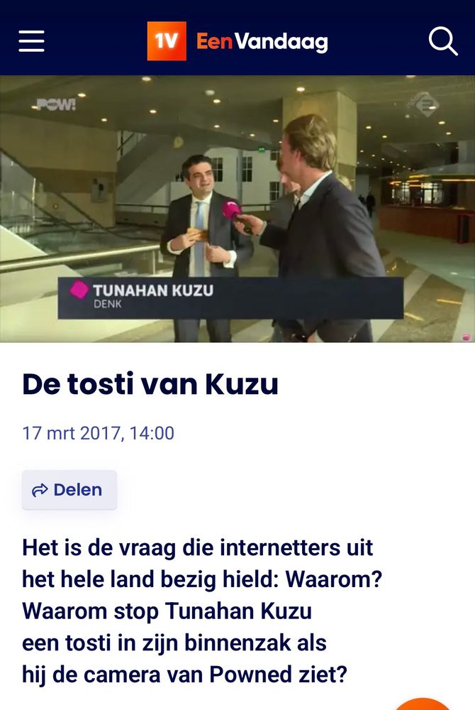 Kop van EenVandaag uit 2017 over Kuzu die een tosti in z’n binnenzak zou hebben gestopt
