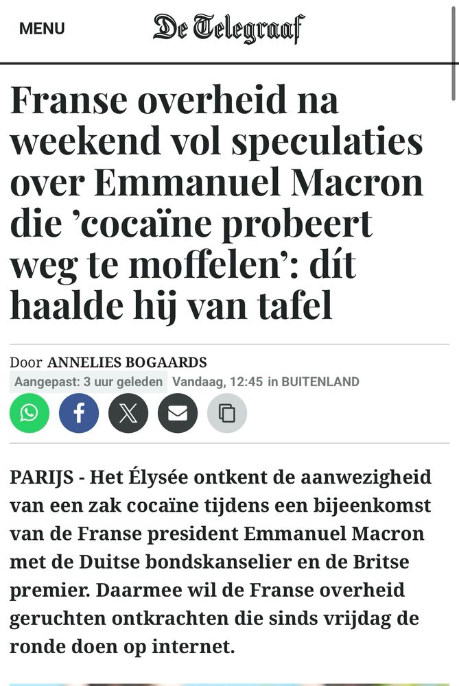 Kop van Telegraaf uit 2025 over Macron die cocaïne van tafel zou hebben gemoffeld
