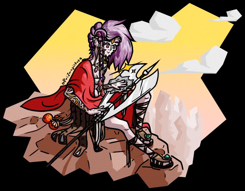 An example fully-rendered, cartoon-style illustration, featuring Gayaka, an original character in the style of Aboriginal peoples, depicted polishing a large bladed weapon known to her people as a qadrya. In the background can be seen a rocky landscape.