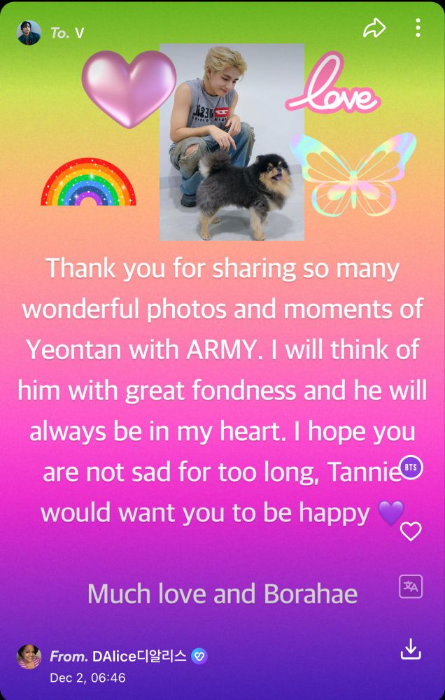 Fan letter to V about his dog Yeontan offering condolences and messages of love 