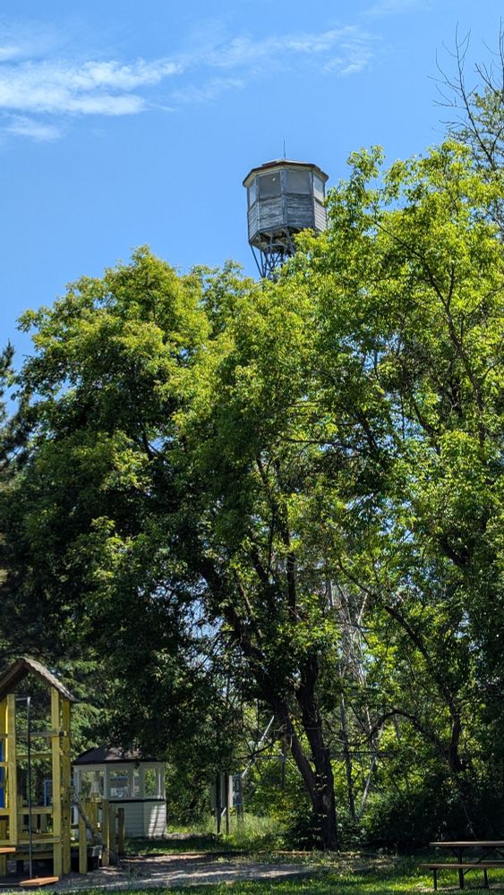 A wooden fire watch tower above the trees in a park.