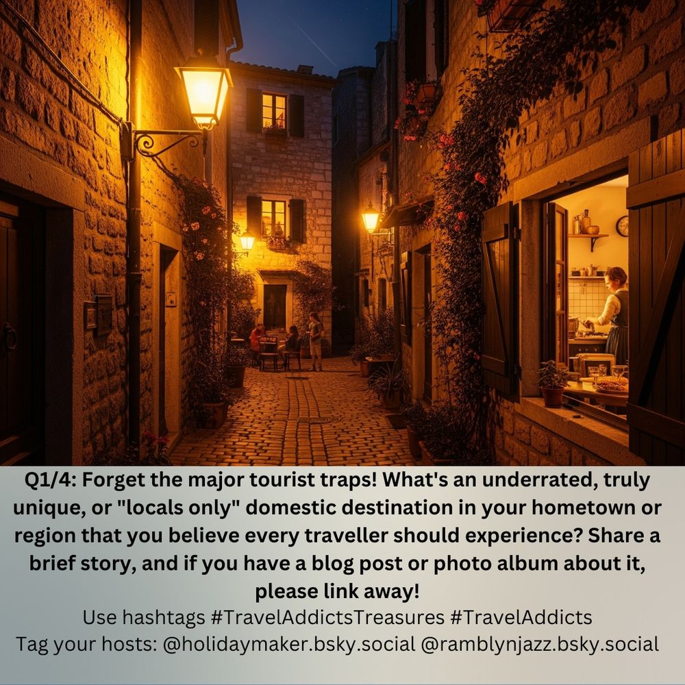 Night time scene of a narrow street lined with stone buildings with people sitting at an outdoor table at the end of the street. Text reads: Q1/4: Forget the major tourist traps! What's an underrated, truly unique, or "locals only" domestic destination in your hometown or region that you believe every traveller should experience? Share a brief story, and if you have a blog post or photo album about it, please link away! Use hashtags #TravelAddictsTreasures #TravelAddicts Tag your hosts @holidaymaker.bsky.social @ramblynjazz.bsky.social