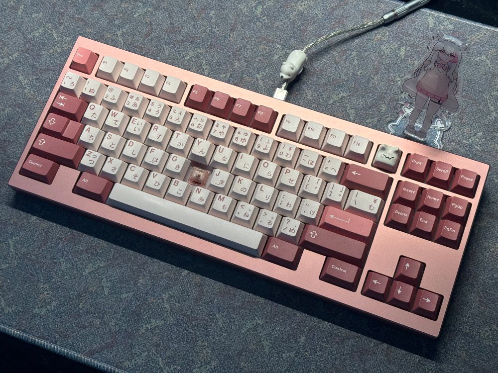 a pink tenkeyless keyboard with a pink keyset with the H key removed to see the switch below. there’s also a Hyunicat acrylic standee to the top right of the keyboard.  