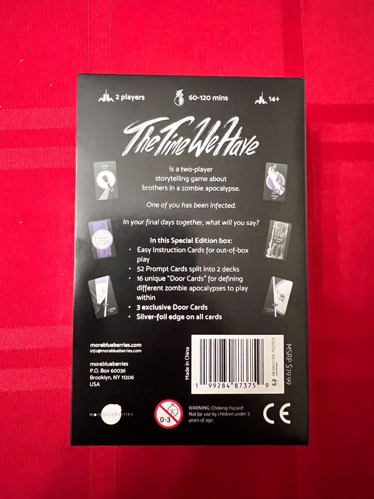 Back of the box of the time we have explaining it is a game for two players about brothers in a zombie apocalypse.