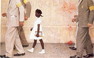 The Problem We All Live With, a painting by Norman Rockwell. The central figure is Ruby Bridges, a six-year-old African-American girl, walking into school. Because of threats of violence against her, she is escorted by four deputy U.S. marshals; the painting is framed so that the marshals' heads are cropped at the shoulders, making Bridges the only person fully visible. On the wall behind her are written the racial slur "n*gger" and the letters "KKK"; a smashed and splattered tomato thrown against the wall is also visible. The white protesters are not visible, as the viewer is looking at the scene from their point of view