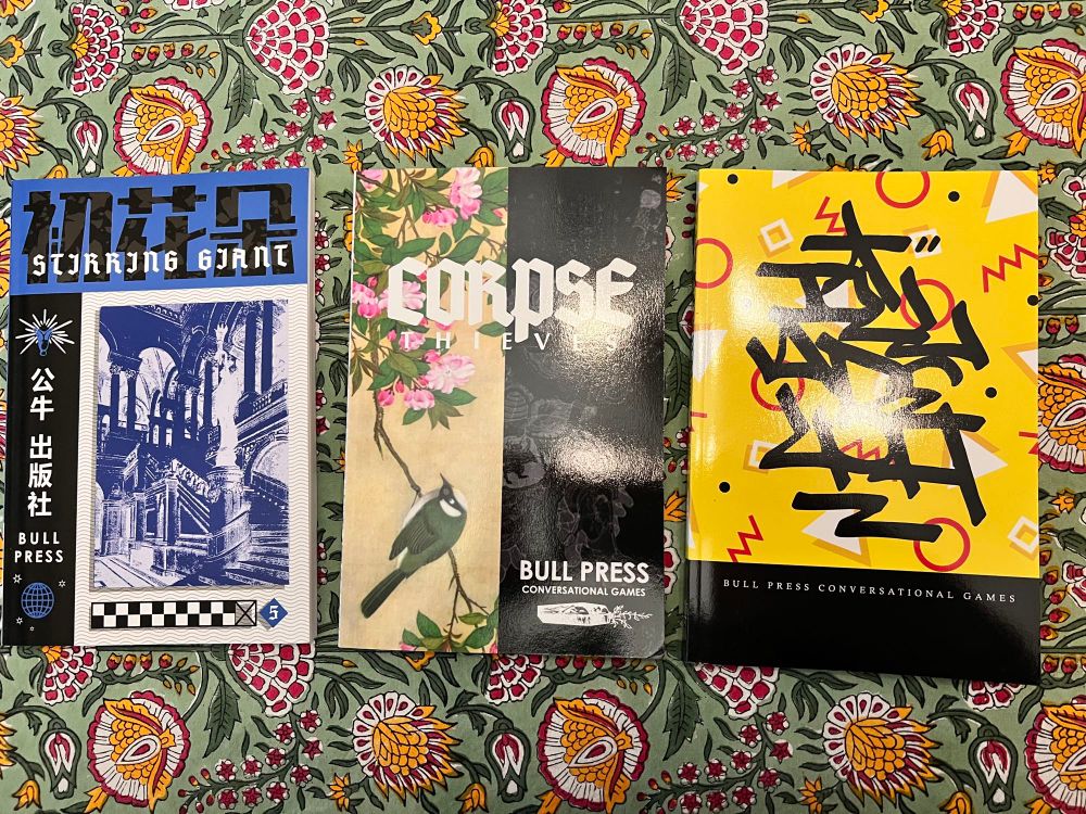 Front covers of three “conversational game” books, each with striking covers.