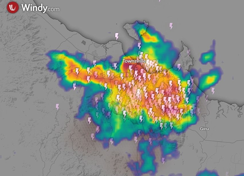 radar image of a thunder storm with lots of lightning strikes.