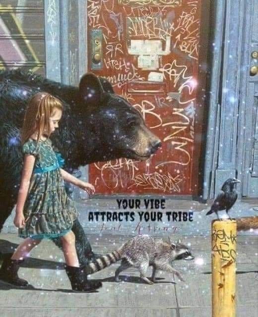 A little girl wearing a floral dress and boots, striding down the street with a big bear walking beside her, a raccoon walking in front of her and a raven sitting on a street bollard beside her. There is a graffitied door in the background. The caption reads, "Your vibe attracts your tribe."