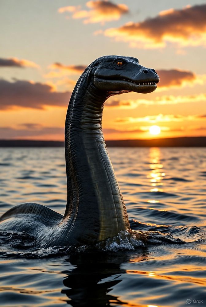 AI depiction of the Loch Ness monster, surfacing from the water, against a background of a bright, pretty sunset.
