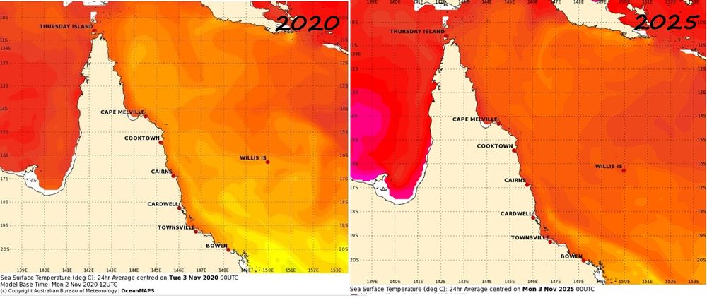 A comparison of a temperature map of the Coral Sea in 2020 vs 2025.  The water in 2025 is significantly hotter than on the same day in 2020.  In 2020 the water off the coast is mostly yellow and the Gulf of Carpentaria is red. In 2025, the coastal water is mostly red, and the Gulf of Carpentaria is deep red, with patches of purple.