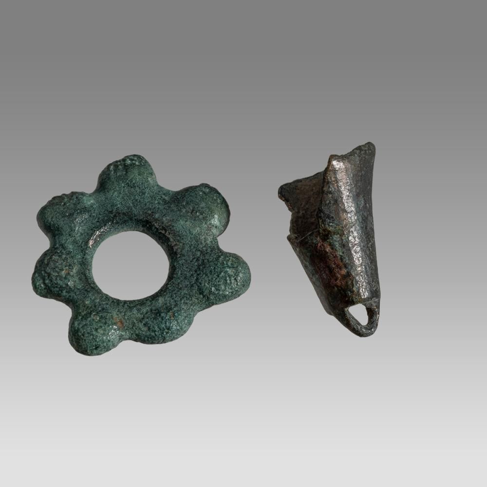 2 Ancient CELTIC PROTO MONEY Bronze, Bell, Ring c.500-300 BC. Size 1 - 1 1/8 inch. Fine cast bronze bell fragment together with ring money. Photo from auction lot.