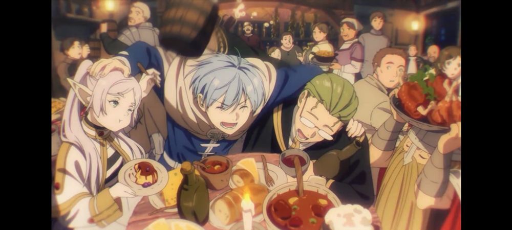 A imagem mostra o grupo de heróis de Souso no Frieren: Heiter, o Clérigo; Eizen, o Guerreiro; Frieren, a Maga e Himmel, o Herói.