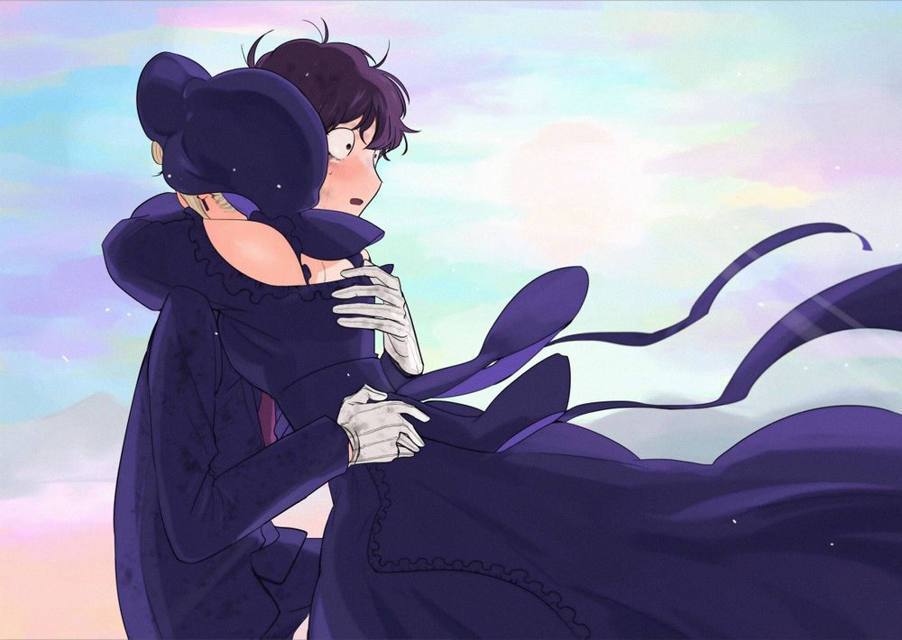 A imagem mostra os personagens Viktor e Alice (Shinigami Bocchan to Kuro Maid) se abraçando.