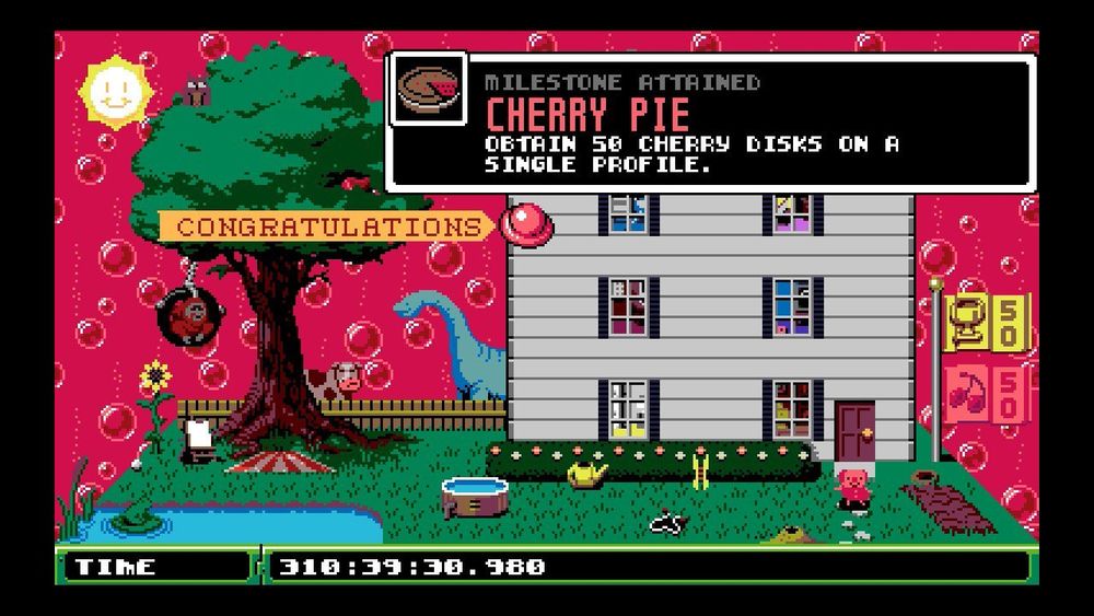 A screenshot from the game UFO 50 with the Cherry Pie achievement attained (50 cherry disks on a single profile.)