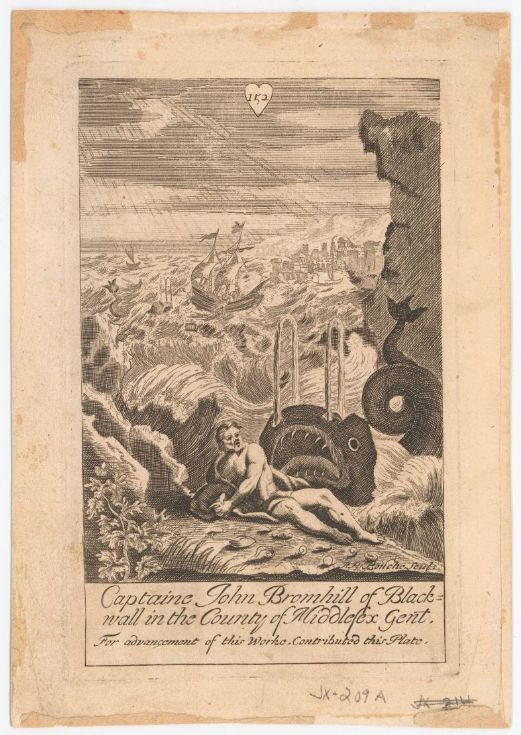 An image of the whale spitting Jonah up onto a shell-covered beach. A sailing ship and a harbor city are visible in the background. The composition bears notable similarity to AF-JX-0209, but is not a direct copy, and the style is different. At the top of the page, in a heart-shape, the number "152" is printed. At the bottom right the engraver's name, P.P. Bouche, is given. Under the image is the following text: "Captaine John Bromhill of Black-wall in the Country of Middlesex Gent, For advancement of this Worke, Contributed this Plate."