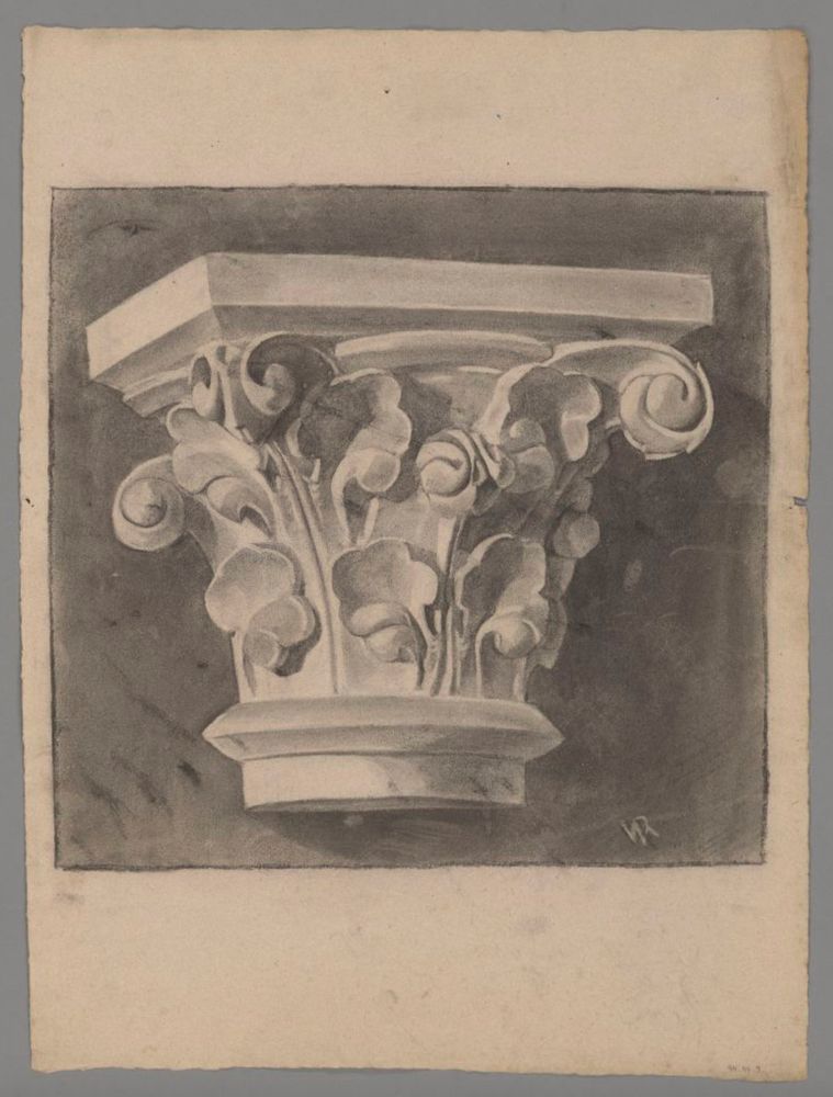 Charcoal drawing of a column capital with leaf motifs; sketch on off-white paper. Initials 'WRW" rubbed into charcoal background.