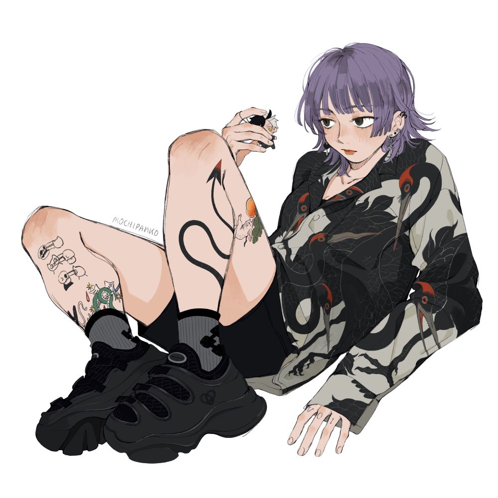 Full Body Self portrait drawing of someone with purple hair, a long sleeve shirt with black cranes as a pattern and tattoos. The person is holding a small plush charm in the right hand. It’s Sakura of the Manga/anime Windbreaker and he’s very smoll.