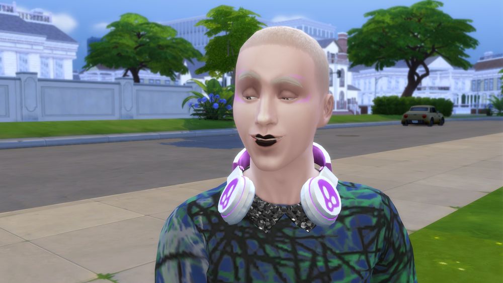 金髪五分刈り、ピンクのアイシャドウと、真ん中だけ真っ黒に塗った麻呂唇
紫のヘッドホンを首にかけ、黒いラメラメのつけ襟とファンキーな緑×青のTシャツ
そんな彼は白人高校生男子