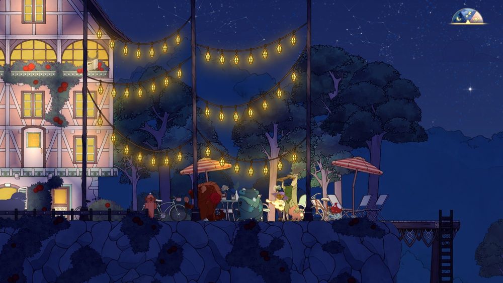 ハミングバーグにて、夕食会を開催する一行
ジャッキー、アトゥルおじさん、ステラ、エレナ先生、スタンリー、というメンバー