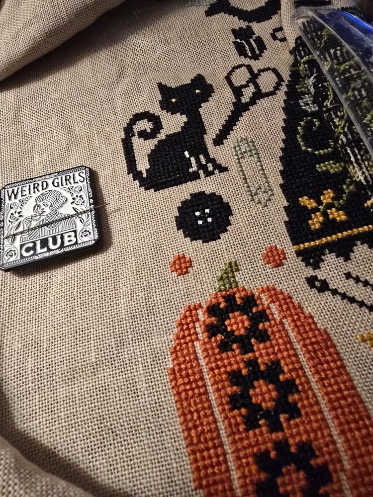Spooky cross stitch close up of pumpkin and cat for my witch cross stitch. #craftsky #crossstitch #stitchsky #witch