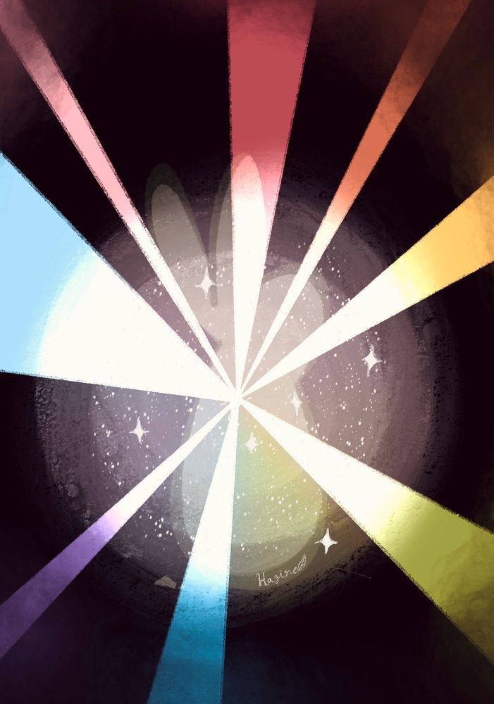 真っ暗な場所に1人佇む石の様に灰色のウサギの胸に小さなヒビが入っていてそこからレインボー(レインボーフラッグの6色とトランスカラーのピンクと水色)の光が溢れている様子の絵です。