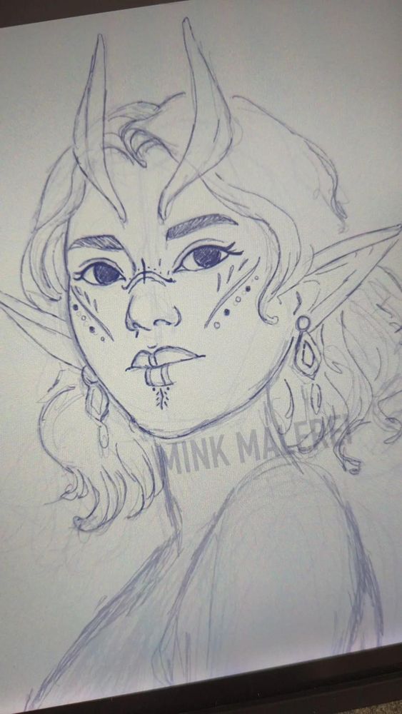 Sketch drawing of an elven woman with delicate facial tattoos. 