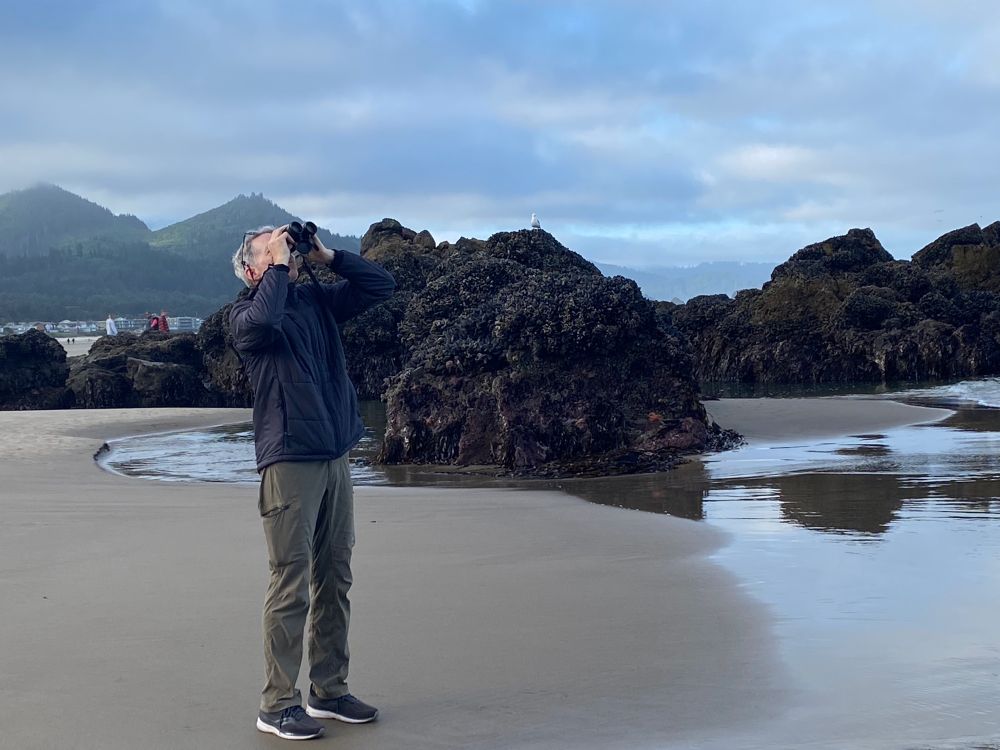 dead-ringer for bill nye the science guy standing on a beach wearing zip-off pants and peering skyward through his trusty binoculars 