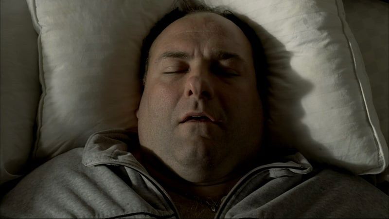 Tony soprano framed in a close up on a pillow, either asleep or in a coffin 