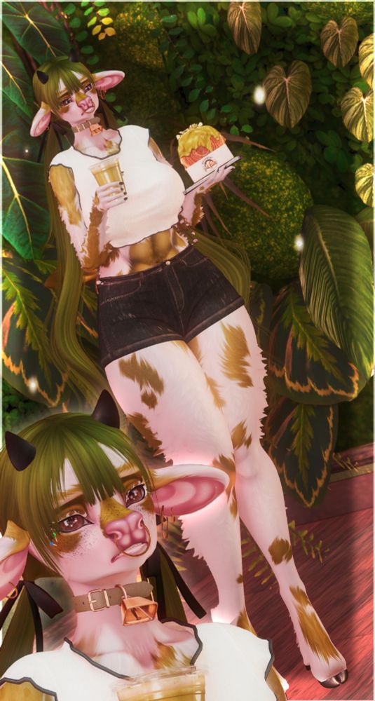 green cow holding a matcha and croissant 