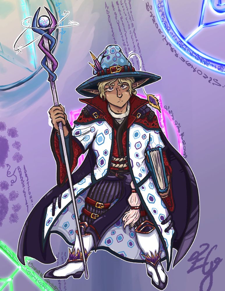 A highly patterned gnomish wizard with dark purple, desaturated cyan and white with hexagonical motives, as well as a staff and some visible feathers. Her clothing is styled after her homeland of Mirazia, a rich, magic oriented city in the midst of a magic jungle.

Erivassia's hat is adorned with Suneater feathers, a local subtype of Owlbear the resides in the magic jungles surrounding Mirazia. Erivassia's familiar as a wizard, is thus, also, a baby Sunsnacker Owlbear called Bubo! 

Bubo is the most inefficient familiar imaginable, and will drop any mission or task if he smells something sweet!
