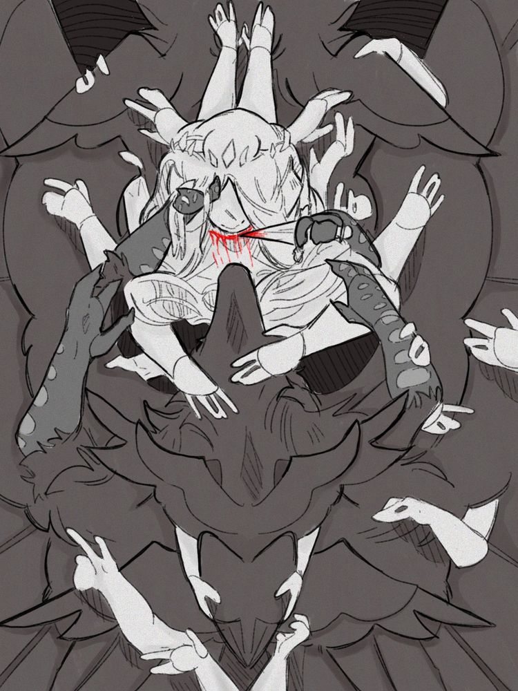 A drawing of the Long Quiet and the Shifting Mound. Long Quiet is looking up at Shifting Mound; one pair of hands reaching for her, while another pair pulls her hair aside and slits her throat. Shifting Mound is looking down at Long Quiet, her eyes obstructed from view, a soft smile on her face. One pair of hands cradle his chin whilst various others hold on the incomprehensible array of wings and feathers.