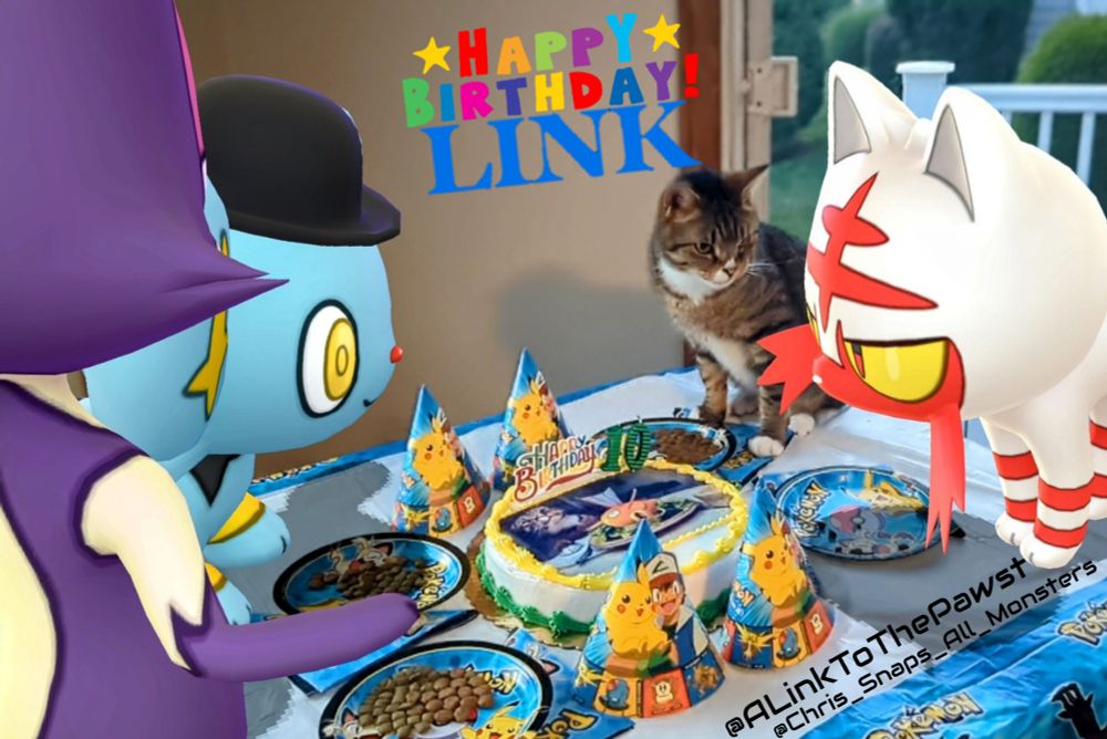 A snapshot of the Pokémon Shinx, who is wearing a bowler hat, Purrloin, and Litten, who is shiny. They are circled around a birthday cake and party supplies while celebrating the 10th birthday of Link The Cat (who's seated between Shinx and Litten, and looking directly at the latter).