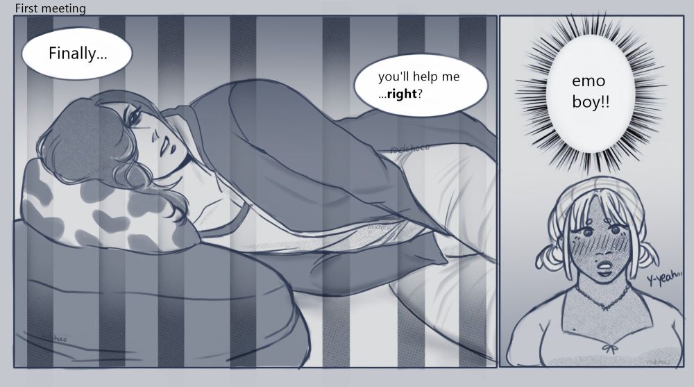 Belphegor is lying on his bed in the attic. There are iron bars in front of him. He sees Charxa. He says, "Finally, you'll help me, right?". In the next panel, an embarrassed Charxa says a quiet "Yeah". In her head, she's thinking, "Emo boy!!" 