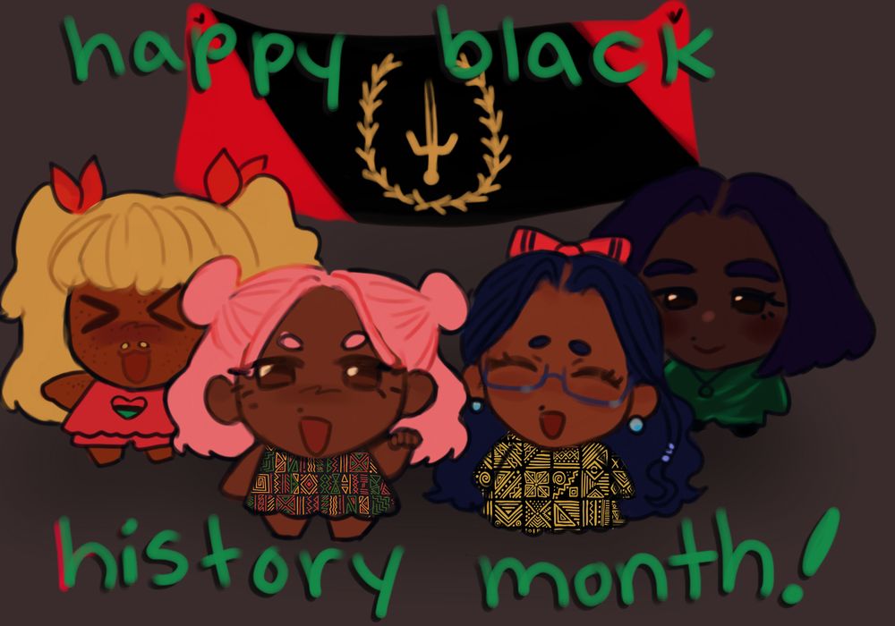 My four original characters celebrate Black History Month with the African American flag behind them. From left to right: Serenity, Charxa, Aisha and Iris. 