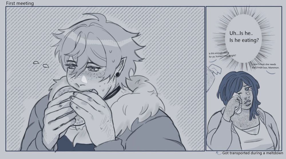 Beelzebub is eating a huge burger nervously. Charxa is wiping her tears away from a meltdown. She's wondering, "Uh, Is he...Is he eating?". In the background, Mammon is handing her another tissue box. "Is this enough tissue for ya, human? You alright?". Lucifer tells him, "I don't think she needs ANOTHER box, Mammon".