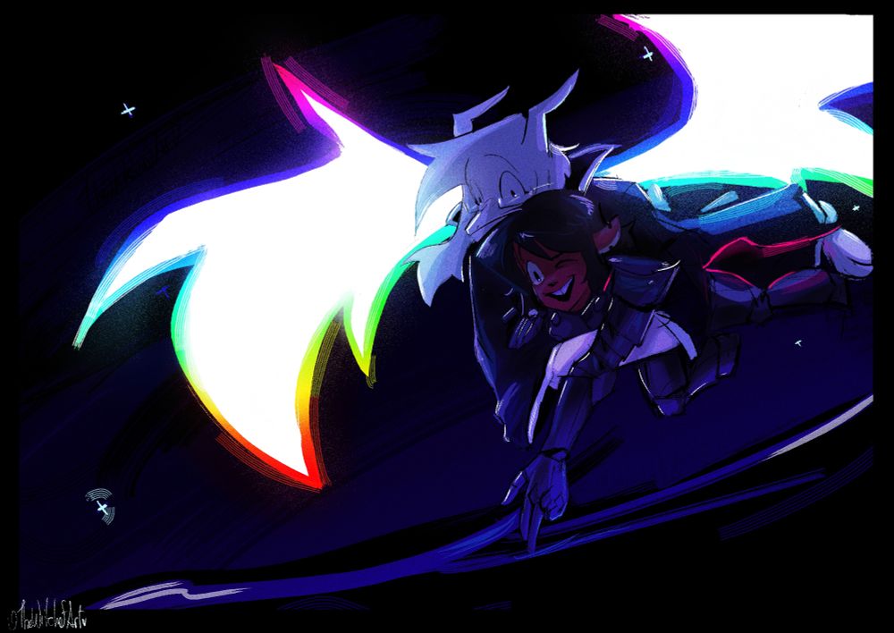 It's digital artwork made by The Witch of Art.
It was commissioned by TurquoiseWolf69.

It shows two main characters from Deltarune.
Dess is an anthro based on a deer, she has black and short hair, and dressed up with a dark armor, helmet, and glowing cape.

Asriel is an anthro based on a goat, he's wearing rectangle glasses, he's wearing a black dress with a weapon, and glowing wings.
Azzy is carrying Dess in his arms, while flying. Dess is having good time touching dark sea.